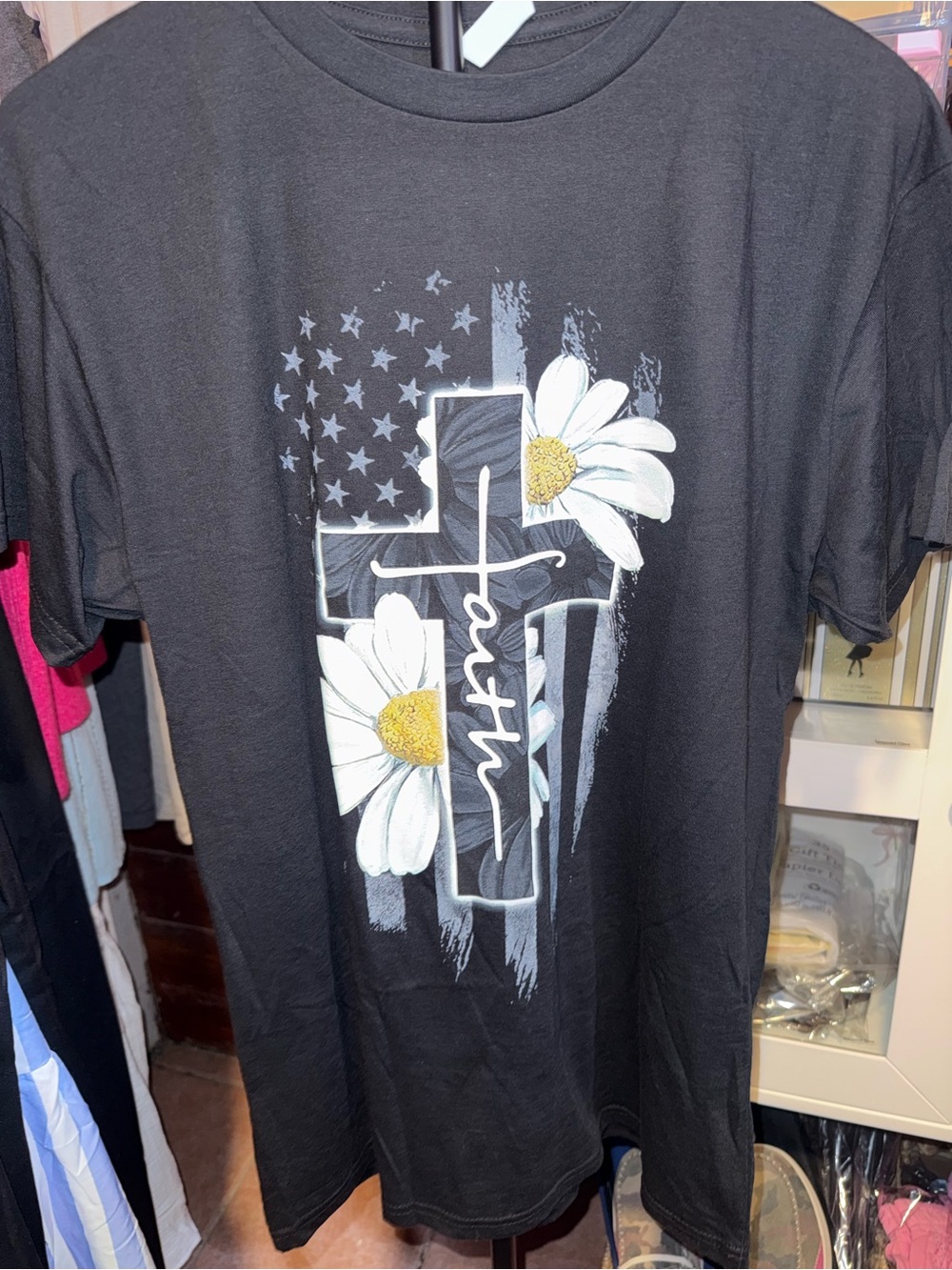 Black Faith Cross Graphic Tee with Daisy Accents